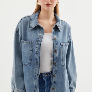0694 Çift Cepli Oversize Denim Ceket - Buz Mavi