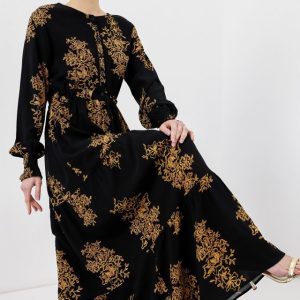 2145 Desenli Tesettür Elbise - C.Siyah
