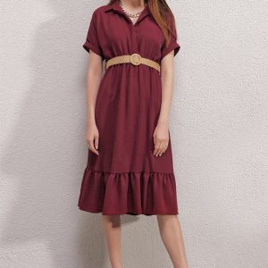 2292 Kemerli Elbise - Bordo