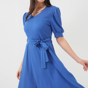 2370 Kuşaklı Örme Elbise - Saks
