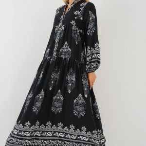 2423 Otantik Desenli Tesettür Elbise - Siyah 11