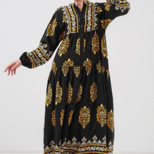 2423 Otantik Desenli Tesettür Elbise - Siyah 6