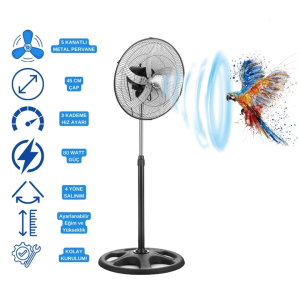 5 Metal Kanatlı Soğutucu Vantilatör Pervane 3 Kademe Hız Kontrol 18’’inch - 80w