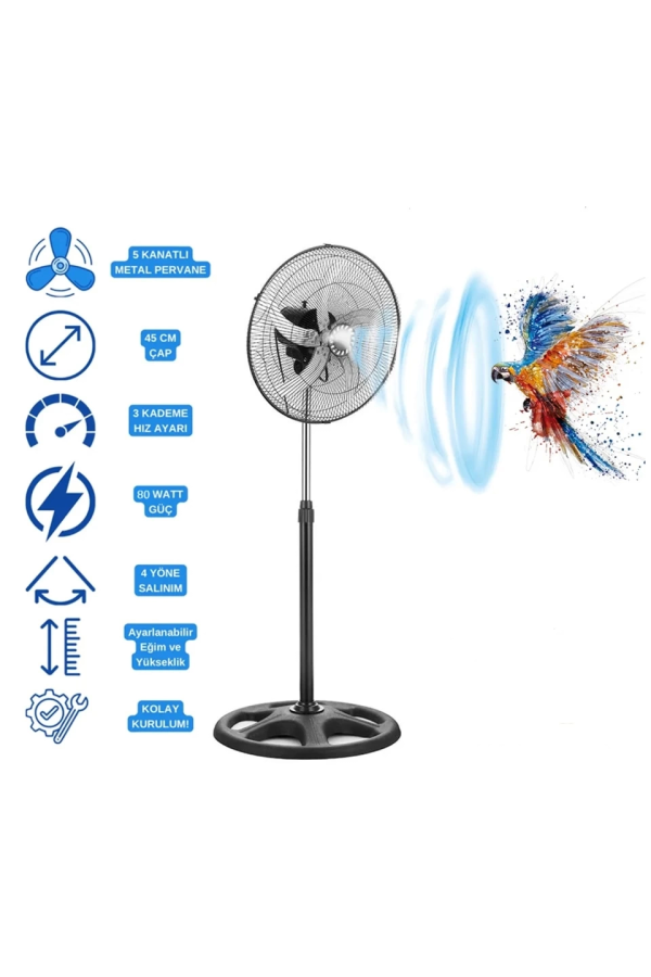 5 Metal Kanatlı Soğutucu Vantilatör Pervane 3 Kademe Hız Kontrol 18’’inch - 80w