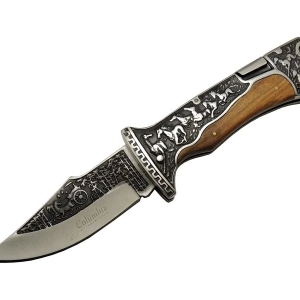 A3189c Kahve Kamp Çakısı 23cm- Manuel, At İşlemeli Ahşap Sap, Özel Kutulu, Kılıflı