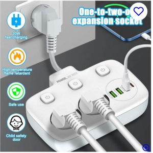 Akım Korumalı 2’li Ayrı Anahtarlı Priz, 2x Priz, 3x Usb, 1x Type-c, 2 Mt Kablo, Hızlı Şarj