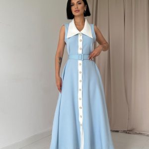 Bebe Mavi Geniş Yakalı Halter Kollu Elbise