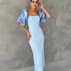 Bebe Mavi İşlemeli Kolu Garnili Elbise