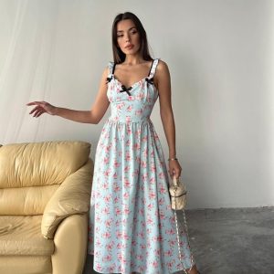 Bebe Mavi Önü Fiyonklu Çiçekli Elbise