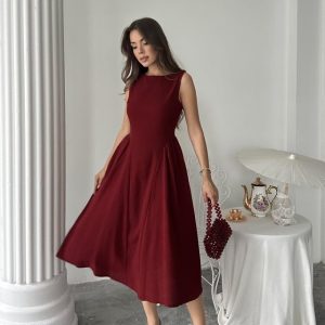 Bordo Yanları Büzgülü Midi Boy Keten Elbise