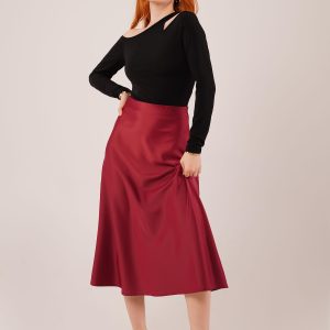 Çan Kesim Midi Bordo Saten Etek