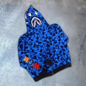 Erkek 2 İplik Bape Kapüşonu Fermuarlı Hırka - Mavi
