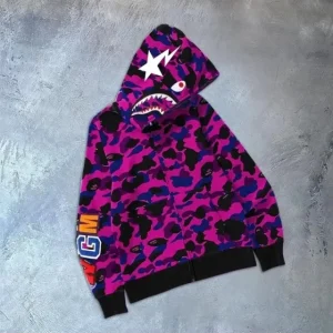 Erkek 2 İplik Bape Kapüşonu Fermuarlı Hırka - Mor