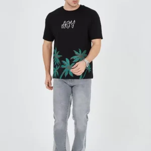 Erkek Baskılı Bisiklet Yaka T-Shirt - Siyah