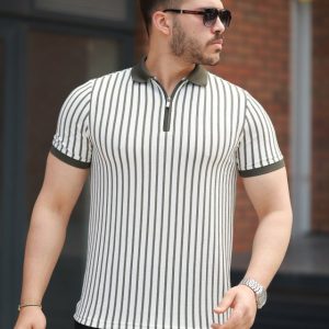Erkek çizgili Fermuar Yakalı Kısa Kollu Tişört
