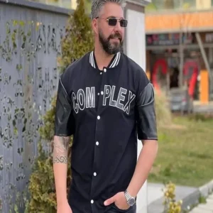 Erkek Complex Kolları Deri Kolej Oversize T-shirt - Siyah