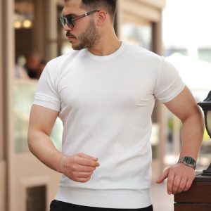Erkek Ince çizgi Dokulu Bisiklet Yaka Kısa Kollu T-shirt