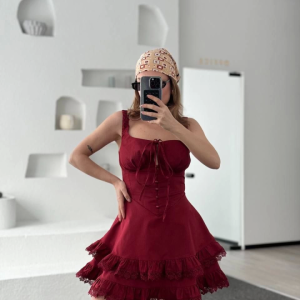 Fırfırlı Askılı Mini Elbise - Bordo