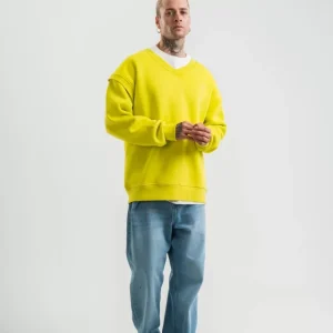Geniş V Yaka Kol Ribana Detaylı SweatShirt - Sarı