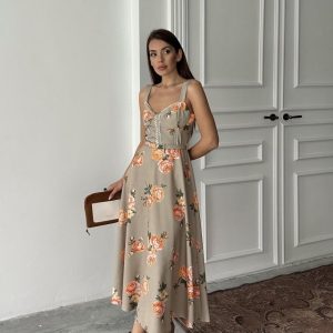 Haki İnce Kemer Detaylı Elbise