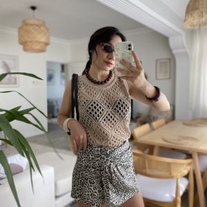 Kadın Askılı Yuvarlak Yaka Geometrik Desenli Triko Bluz