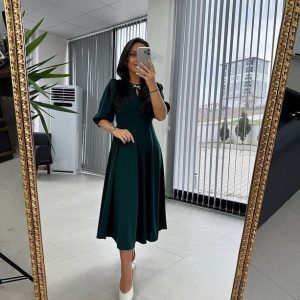 Kadın Kısa Kollu Bisiklet Yaka Fiyonk Broşlu Midi Janjan Krep Elbise