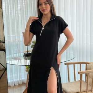 Kadın Kısa Kollu Yakadan Ve Etekten Fermuarlı Midi Viskon Iki Iplik Elbise