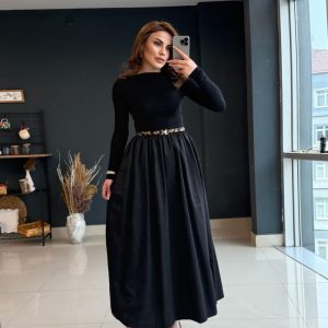 Kadın Uzun Kollu Bisiklet Yaka Uzun üst Viskon Alt Trikoton Elbise
