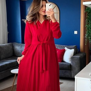 Kadın Uzun Kollu Kruvaze Yaka Belden Kuşaklı Pileli Ithal Krep Elbise