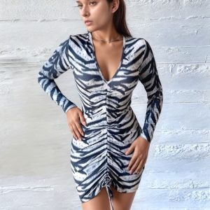 Kadın V Yaka önü Asansör Büzgü Detay Fırsat ürün Zebra Mini Elbise