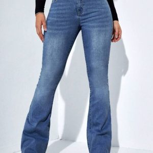Kadın Yüksek Bel Cepli İspanyol Paçalı Kot Jeans Pantolon