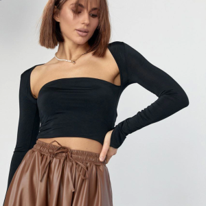 Kara Yaka Uzun Kollu Crop - Siyah