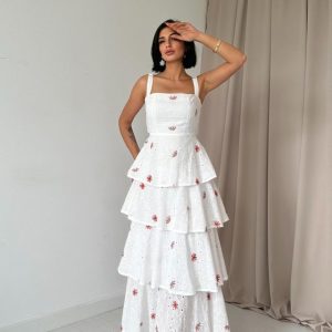 Kırmızı Kat Kat Arkası Bağlamalı Elbise
