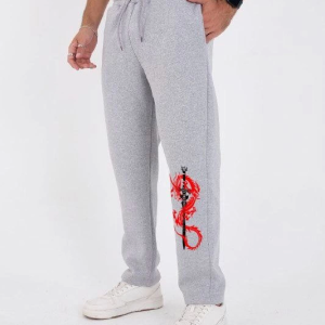 Kışlık Üç İplik Baskılı Eşofman Pantolon - Gri