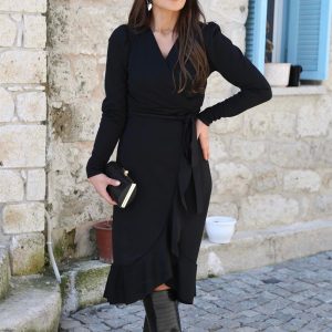 Krep Kumaş Midi Boy Kuşaklı Uzunkol Elbise 113 Cm