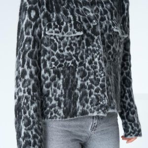 Leopar Desen Jakarlı Hırka - Siyah-Açık Gri