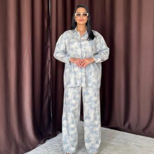 Mavi Leopar Desenli Ceket Ve Pantolon Keten Takım