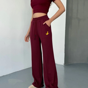 Osy Modal Yumuşak Dokulu Kumaş Nakış Işlemeli Rahat Bol Paça Eşofman Pantalon - Bordo