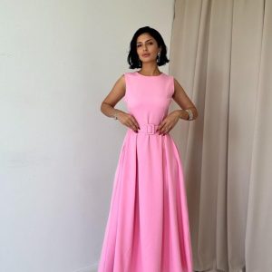 Pembe Halter Yaka Kloş Elbise