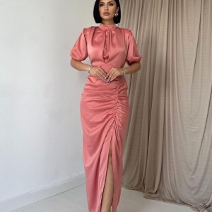 Pudra Büzgülü Saten Elbise