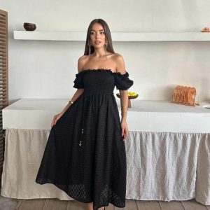 Siyah Gipeli Brode Elbise