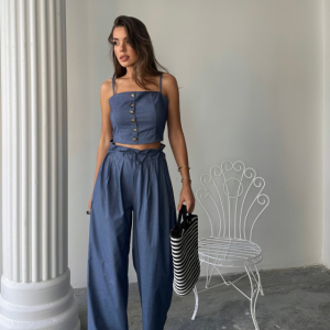 TENCEL CROP ASKILI BLUZ - ŞALVAR PANTOLON TK - İndigo