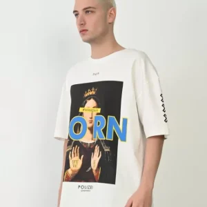 Unisex Baskılı Bisiklet Yaka Oversize T-Shirt - Beyaz