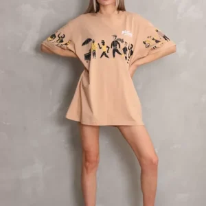 Unisex Bisiklet Yaka Baskılı Oversize T-Shirt - Bej