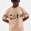 Unisex Bisiklet Yaka Baskılı Oversize T-Shirt - Bej