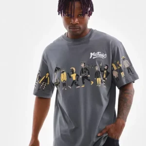Unisex Bisiklet Yaka Baskılı Oversize T-Shirt - Gri
