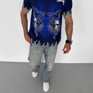 Unisex Bisiklet Yaka Baskılı Oversize T-Shirt - Lacivert