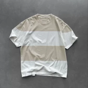Unisex Bisiklet Yaka Parçalı T-Shirt - Bej