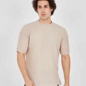 Unisex Jakar Kumaş Rahat Kol T-Shirt - Bej