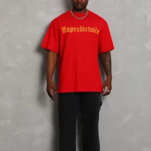 Unisex Oversize Baskılı Bisiklet Yaka T-Shirt - Kırmızı
